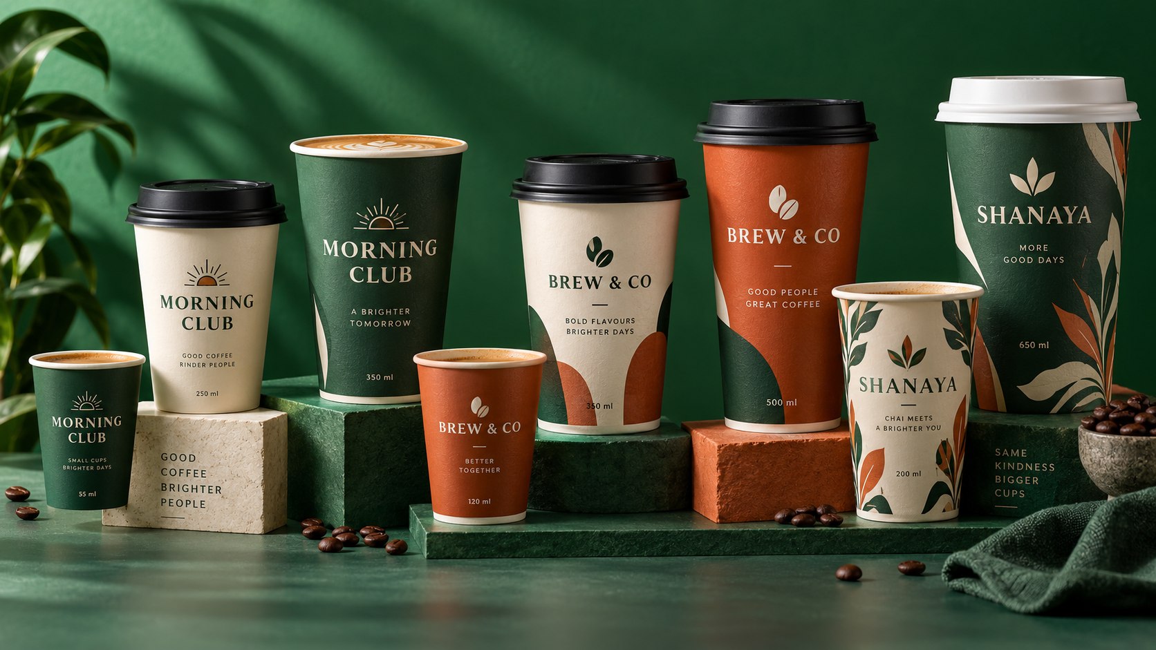 Premium branded paper cups with SHANAYA, MORNING CLUB and BREW & CO sample prints
